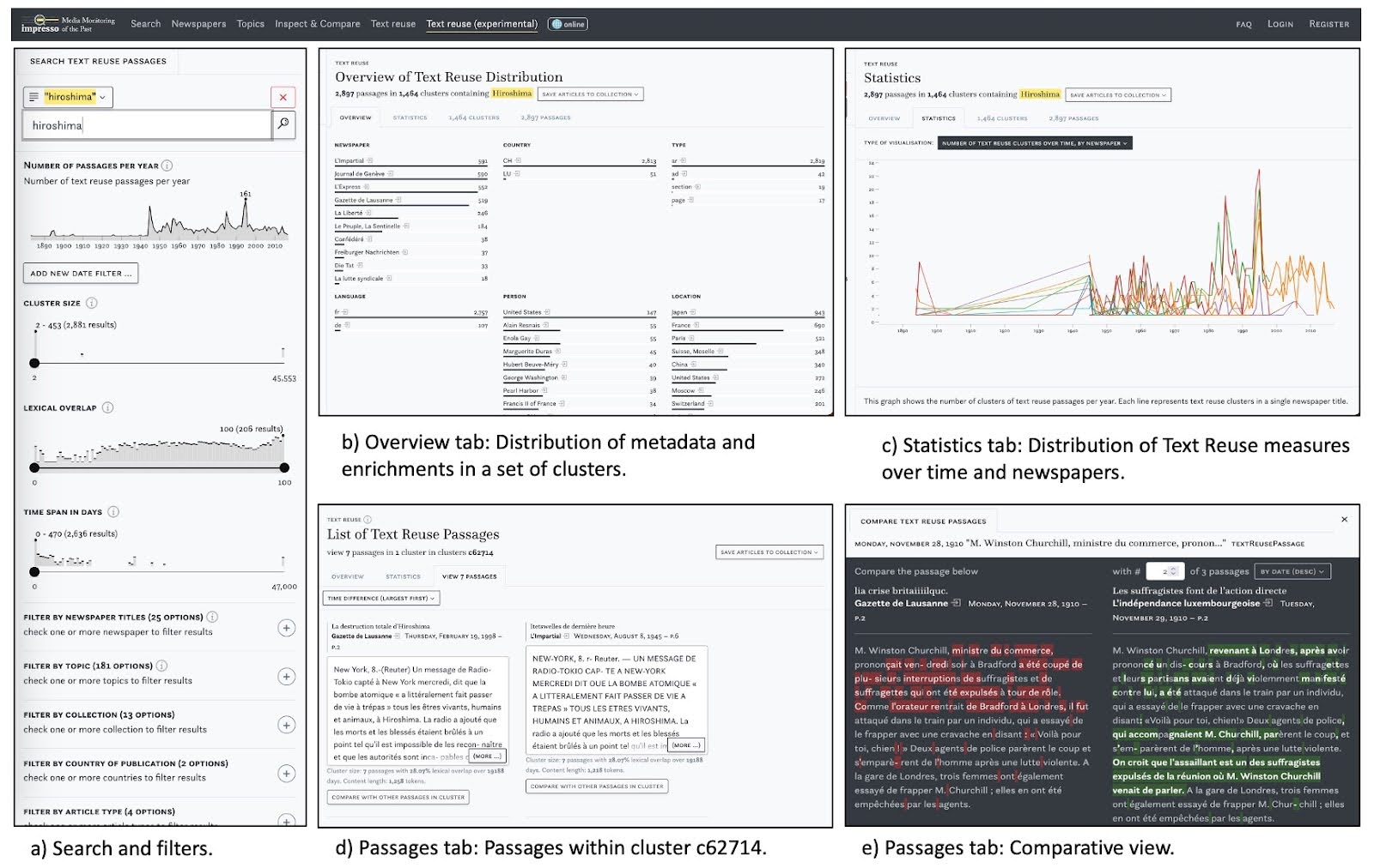 The main components of Text Reuse at Scale application, Search and Filter Pane (left) and Overview, Statistics and Passages tabs (centre)