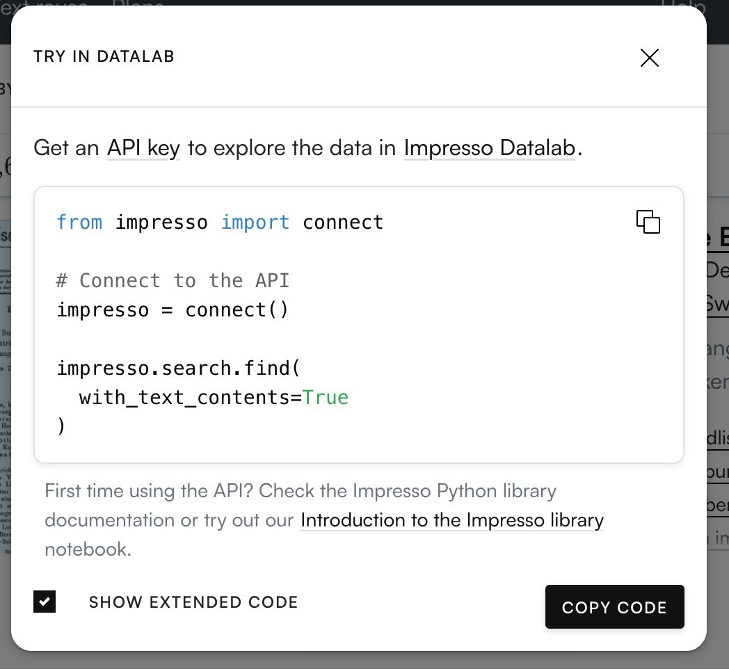 Try in Datalab feature in Impresso Web App